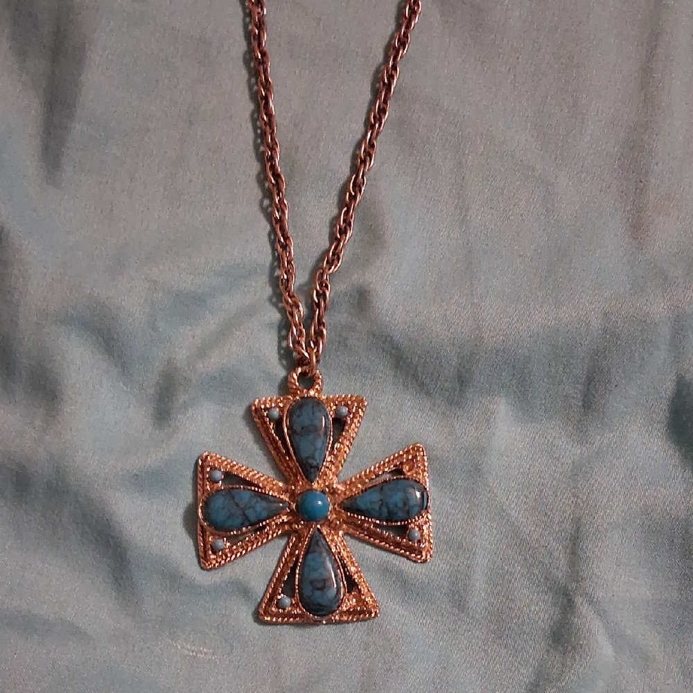 Gold-Tone Cross Pendant Necklace with Turquoise Blue Inlay
